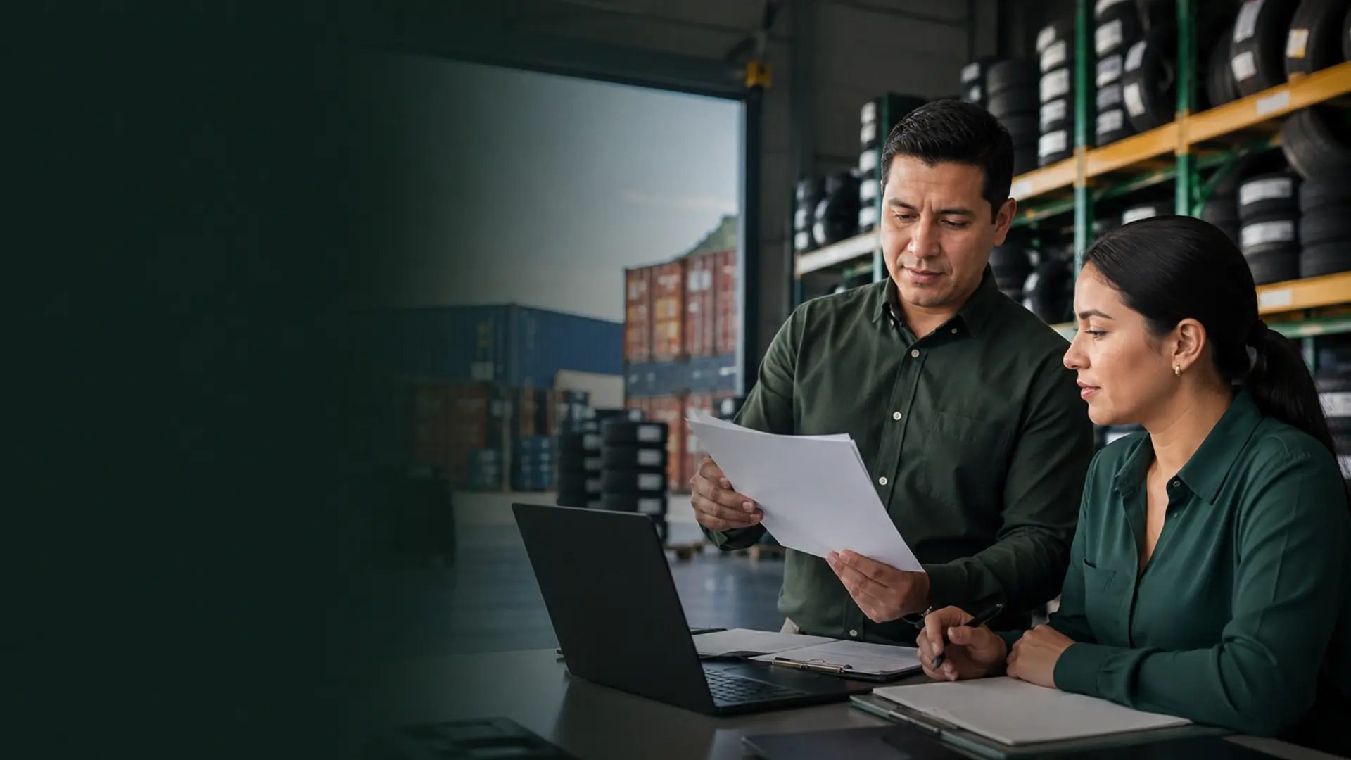Profesionales revisando documentación de importación de neumáticos